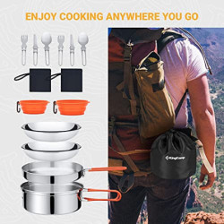 KingCamp Camping Geschirr Set 2-4 Personen I Camping Kochgeschirr aus Edelstahl I Camping Töpfe mit Faltbare Besteck I Ultral