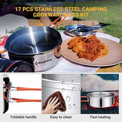 KingCamp Camping Geschirr Set 2-4 Personen I Camping Kochgeschirr aus Edelstahl I Camping Töpfe mit Faltbare Besteck I Ultral