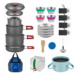 Bulin 37 Teiliges Camping Kochgeschirr Set für 4 Personen，Camping Kochset mit Tragbar Aluminium Topf Teekessel Tassen Faltbar