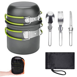 ERBO Camping Kochgeschirr Set, Camping Topf aus Aluminium, Outdoor Kochgeschirr mit Faltbare Besteck, Campinggeschirr 2 Perso