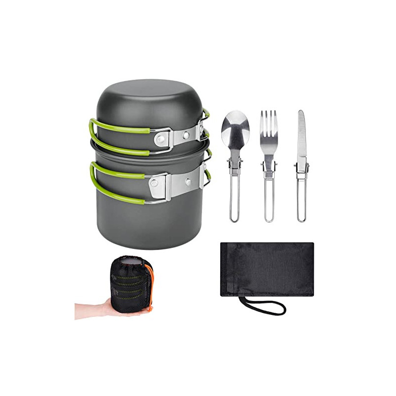 ERBO Camping Kochgeschirr Set, Camping Topf aus Aluminium, Outdoor Kochgeschirr mit Faltbare Besteck, Campinggeschirr 2 Perso ERBO Camping Kochgeschirr Set, Camping Topf aus Aluminium, Outdoor Kochgeschirr mit Faltbare Besteck, Campinggeschirr 2 Perso