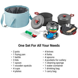Bulin 37 Teiliges Camping Kochgeschirr Set für 4 Personen，Camping Kochset mit Tragbar Aluminium Topf Teekessel Tassen Faltbar