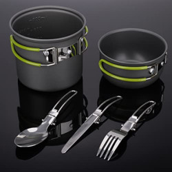 ERBO Camping Kochgeschirr Set, Camping Topf aus Aluminium, Outdoor Kochgeschirr mit Faltbare Besteck, Campinggeschirr 2 Perso