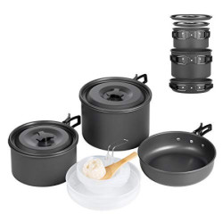Ahsado Camping Geschirr Set, Outdoor Kochgeschirr Töpfen, Leicht Aluminium Edelstahl Campinggeschirr, Faltbare Campingtöpfe f