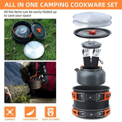 Lixada Camping Geschirr Set 16-teiliges Kochgeschirr Set mit Wasserkocher Campingtopf und Pfanne Teller Gabeln Messer Löffel 