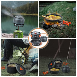 Lixada Camping Geschirr Set 16-teiliges Kochgeschirr Set mit Wasserkocher Campingtopf und Pfanne Teller Gabeln Messer Löffel 