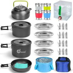 Odoland Camping Geschirr Set 29 Teiliges Outdoor Kochgeschirr Set für 12L Faltschüssel Faltbare Topf & Pfanne aus Aluminium u