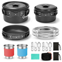Odoland Camping Geschirr Set 15-teiliges Topfen aus Aluminium u. Edelstahl Campingbesteck Set für Camping Wandern Picknick BB