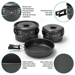 Odoland Camping Geschirr Set 15-teiliges Topfen aus Aluminium u. Edelstahl Campingbesteck Set für Camping Wandern Picknick BB