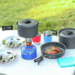 Odoland Camping Geschirr Set 15-teiliges Topfen aus Aluminium u. Edelstahl Campingbesteck Set für Camping Wandern Picknick BB