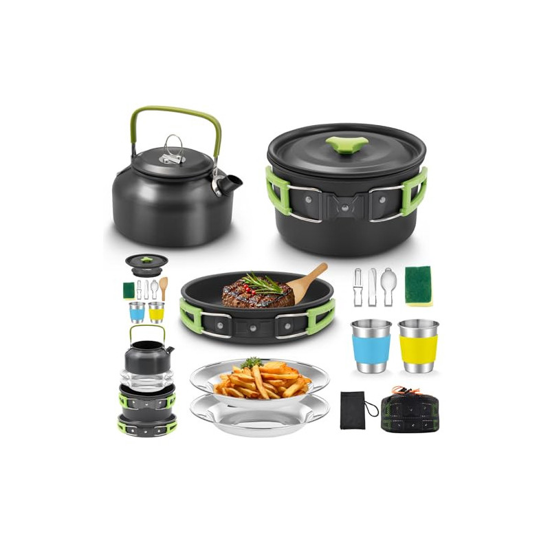 Oushome Camping Kochgeschirr,16Pcs Camping Geschirr Set 2 Personen, Tragbar Camping Kochset mit Camping Topf Pfanne Teekessel Oushome Camping Kochgeschirr,16Pcs Camping Geschirr Set 2 Personen, Tragbar Camping Kochset mit Camping Topf Pfanne Teekessel