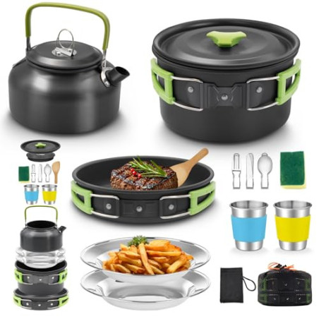 Oushome Camping Kochgeschirr,16Pcs Camping Geschirr Set 2 Personen, Tragbar Camping Kochset mit Camping Topf Pfanne Teekessel