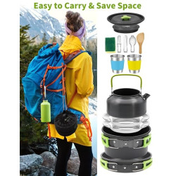 Oushome Camping Kochgeschirr,16Pcs Camping Geschirr Set 2 Personen, Tragbar Camping Kochset mit Camping Topf Pfanne Teekessel