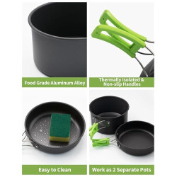 Oushome Camping Kochgeschirr,16Pcs Camping Geschirr Set 2 Personen, Tragbar Camping Kochset mit Camping Topf Pfanne Teekessel