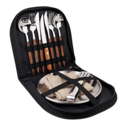 Camping Geschirr Set für 2 Personen, 12 Stück, Edelstahl, Picknick Besteck, Tragbare Bestecktaschen, Holzmaserung Griffe, Ess