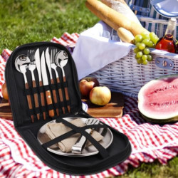Camping Geschirr Set für 2 Personen, 12 Stück, Edelstahl, Picknick Besteck, Tragbare Bestecktaschen, Holzmaserung Griffe, Ess