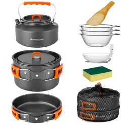 Odoland Camping Kochgeschirr Set, 10 Teilige Outdoor Geschirr Set mit Camping Topf 2L, Camping Bratpfanne 0.7L und Teekannen 