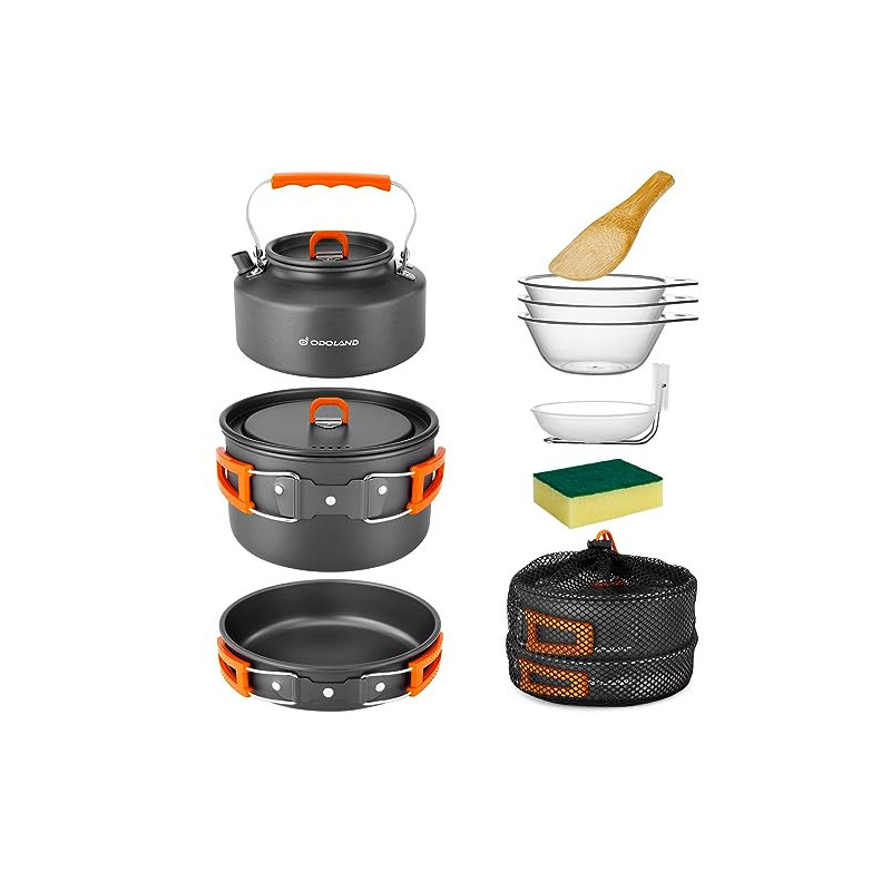 Odoland Camping Kochgeschirr Set, 10 Teilige Outdoor Geschirr Set mit Camping Topf 2L, Camping Bratpfanne 0.7L und Teekannen Odoland Camping Kochgeschirr Set, 10 Teilige Outdoor Geschirr Set mit Camping Topf 2L, Camping Bratpfanne 0.7L und Teekannen