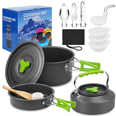 Camping Kochgeschirr Set 14-teiliges, Aluminium Camping Geschirr Set, Campinggeschirr Outdoor Kochen, Faltbare Kochtopf Set 1