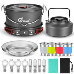 Odoland Camping Geschirr Set, Kochgeschirr 22-teiliges, 4L Faltbare Kochtopf 1.6 L, Teekessel 1.5 L Pfanne für Outdoor Kochen