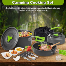Camping Kochgeschirr Set 14-teiliges, Aluminium Camping Geschirr Set, Campinggeschirr Outdoor Kochen, Faltbare Kochtopf Set 1