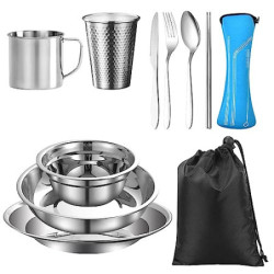 REFORUNG Edelstahl Geschirr Set 7-teiliges Camping Picknick Besteck Campingbesteck Set 2 Personen Outdoor Reisebesteck mit Me