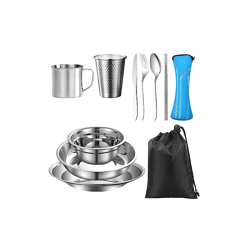 REFORUNG Edelstahl Geschirr Set 7-teiliges Camping Picknick Besteck Campingbesteck Set 2 Personen Outdoor Reisebesteck mit Me