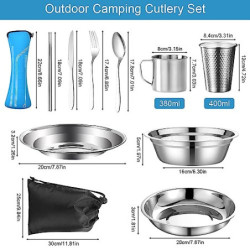 REFORUNG Edelstahl Geschirr Set 7-teiliges Camping Picknick Besteck Campingbesteck Set 2 Personen Outdoor Reisebesteck mit Me