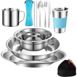 Outdoor Camping Besteck Set Edelstahl Geschirr für 1-2 Person Camping Geschirr Mess Kit Komplettes Geschirr Set 12 in 1 Flatw