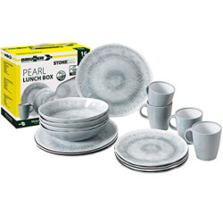 BRUNNER Melamin Ess Geschirr Set Lunch Box 16-Teilig Camping Reise Teller Becher Stonetouch Pearl