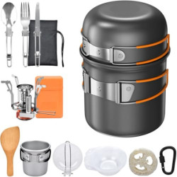 Onherm 15-teiliges Camping Geschirr Set, Faltbar Camping Kochgeschirr Set, Camping Töpfe Bratpfanne mit Edelstahl Besteck Tri