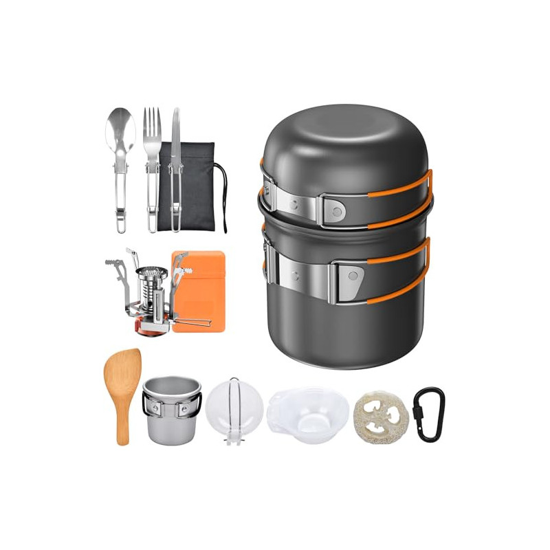 Onherm 15-teiliges Camping Geschirr Set, Faltbar Camping Kochgeschirr Set, Camping Töpfe Bratpfanne mit Edelstahl Besteck Tri Onherm 15-teiliges Camping Geschirr Set, Faltbar Camping Kochgeschirr Set, Camping Töpfe Bratpfanne mit Edelstahl Besteck Tri
