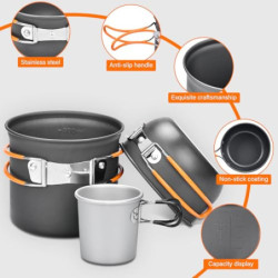 Onherm 15-teiliges Camping Geschirr Set, Faltbar Camping Kochgeschirr Set, Camping Töpfe Bratpfanne mit Edelstahl Besteck Tri