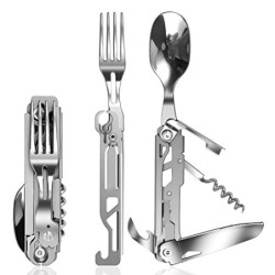 ZIMAIC Edelstahl Besteck 5 in 1 Klappbesteck Campingbesteck als Messer Gabel Löffel Set Outdoor, Tragbares Besteck mit Kordel