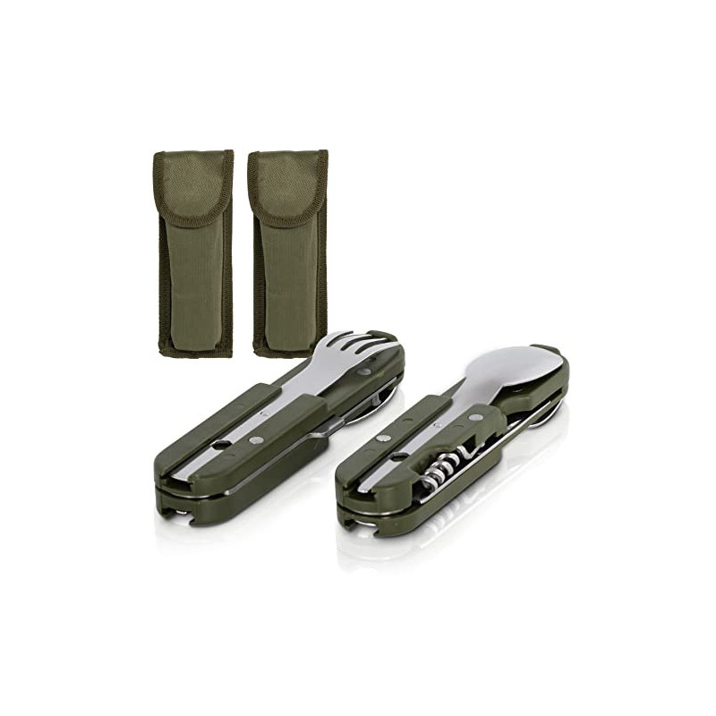 KS-11 2 Stück Outdoor Bundeswehr Besteck Edelstahl Campingbesteck Essbesteck Set 6 teilig Camping Besteckset, grün silber