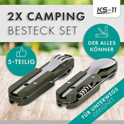 KS-11 2 Stück Outdoor Bundeswehr Besteck Edelstahl Campingbesteck Essbesteck Set 6 teilig Camping Besteckset, grün silber