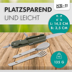 KS-11 2 Stück Outdoor Bundeswehr Besteck Edelstahl Campingbesteck Essbesteck Set 6 teilig Camping Besteckset, grün silber