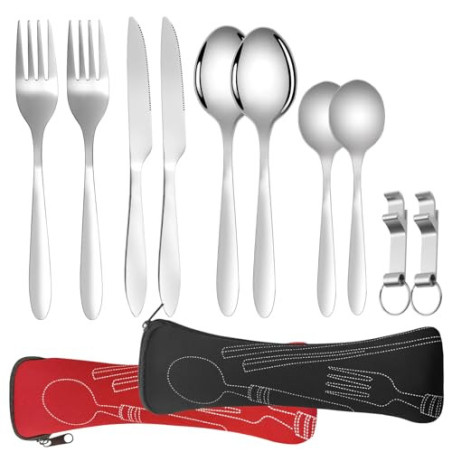 Eurtes Edelstahl Besteck Campingbesteck, Tragbare Outdoor Besteck Set Edelstahl Reisebesteck, 2 Personen Besteckset für Reise