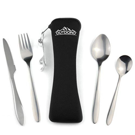 Outdoro Campingbesteck und Reisebesteck aus Edelstahl mit Neopren-Bestecktasche - Ideales Besteckset für Outdoor und Reisen