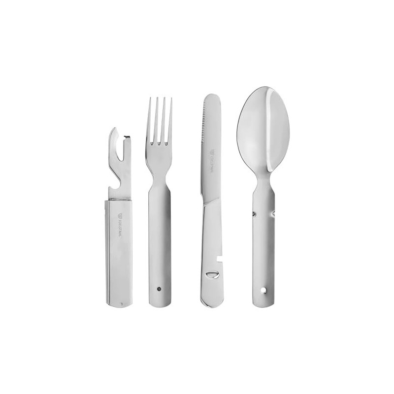 GRÄWE Campingbesteck 4-teilig, Bundeswehrbesteck, Besteckset aus Edelstahl, Outdoor Besteck Set, zusammensteckbar, mit Flasch