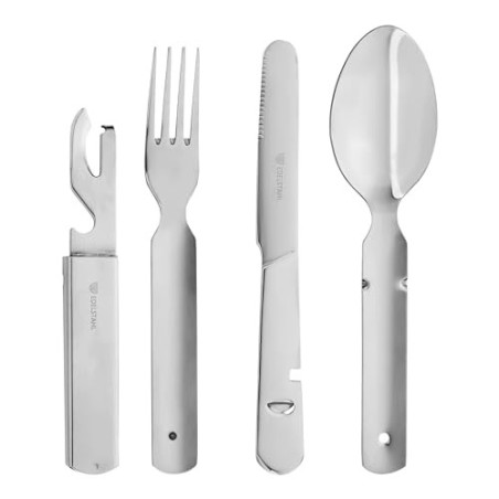 GRÄWE Campingbesteck 4-teilig, Bundeswehrbesteck, Besteckset aus Edelstahl, Outdoor Besteck Set, zusammensteckbar, mit Flasch