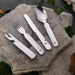 GRÄWE Campingbesteck 4-teilig, Bundeswehrbesteck, Besteckset aus Edelstahl, Outdoor Besteck Set, zusammensteckbar, mit Flasch