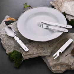GRÄWE Campingbesteck 4-teilig, Bundeswehrbesteck, Besteckset aus Edelstahl, Outdoor Besteck Set, zusammensteckbar, mit Flasch