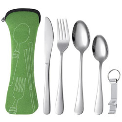 Bestecksets, Campingbesteck aus Edelstahl mit Etui,Tragbare 5 Stück Geschirr mit Messer, Gabel, 2 Löffel, Flaschenöffner für 