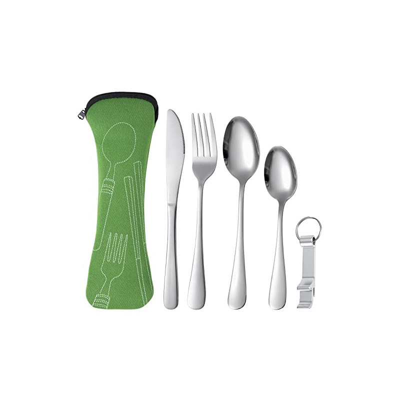 Bestecksets, Campingbesteck aus Edelstahl mit Etui,Tragbare 5 Stück Geschirr mit Messer, Gabel, 2 Löffel, Flaschenöffner für Bestecksets, Campingbesteck aus Edelstahl mit Etui,Tragbare 5 Stück Geschirr mit Messer, Gabel, 2 Löffel, Flaschenöffner für