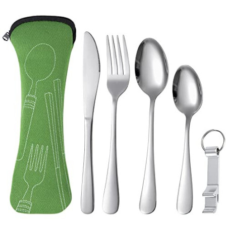 Bestecksets, Campingbesteck aus Edelstahl mit Etui,Tragbare 5 Stück Geschirr mit Messer, Gabel, 2 Löffel, Flaschenöffner für 