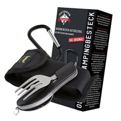 OUTDOOR FREAKZ Outdoor Campingbesteck Klapp-Besteck aus Edelstahl mit Gürteltasche, das Original!  schwarz + 