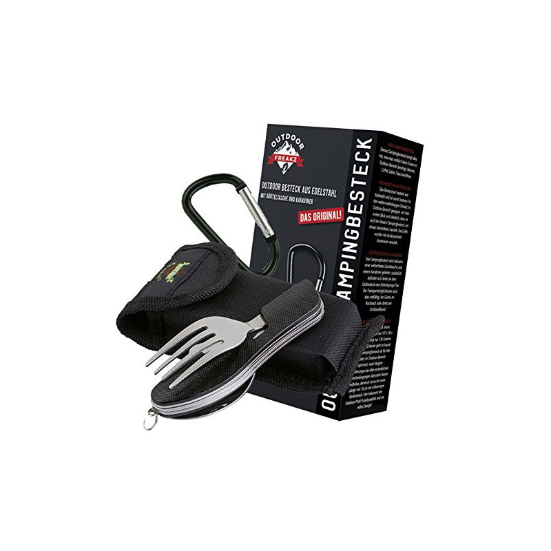 OUTDOOR FREAKZ Outdoor Campingbesteck Klapp-Besteck aus Edelstahl mit Gürteltasche, das Original!  schwarz + 
