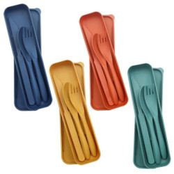 4 Stück Besteck Set Reisebesteck Tragbares Kunststoff-Besteck Campingbesteck Messer Löffel Gabel Besteck-Set mit Etui Wiederv