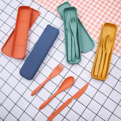 4 Stück Besteck Set Reisebesteck Tragbares Kunststoff-Besteck Campingbesteck Messer Löffel Gabel Besteck-Set mit Etui Wiederv